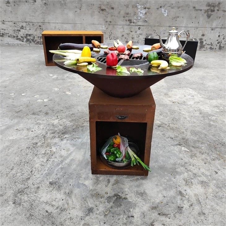 Outdoor Corten Steel Fire Pit BBQ With Wood Storage